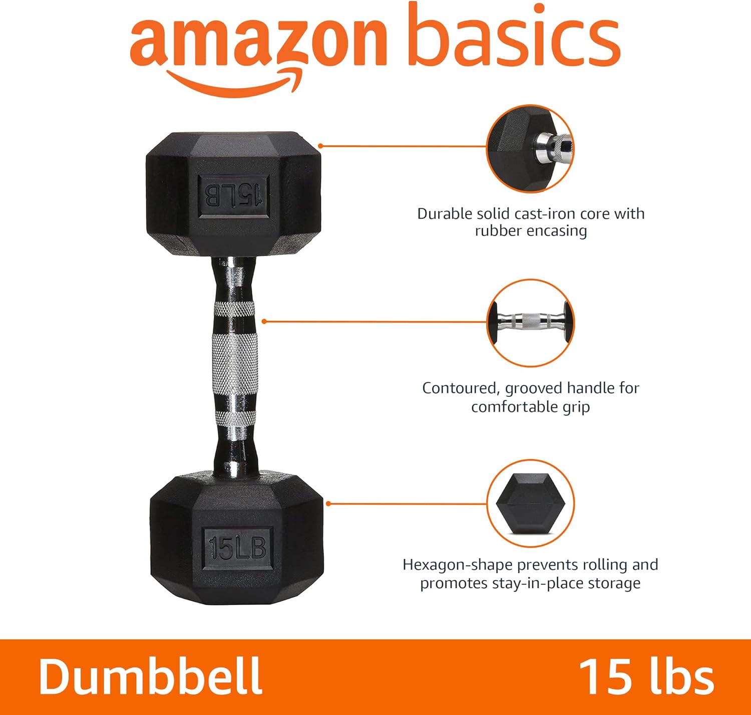 Amazon Basics Rubber Hex Dumbbell — 15 pound individual dumbbell weight for exercise and
