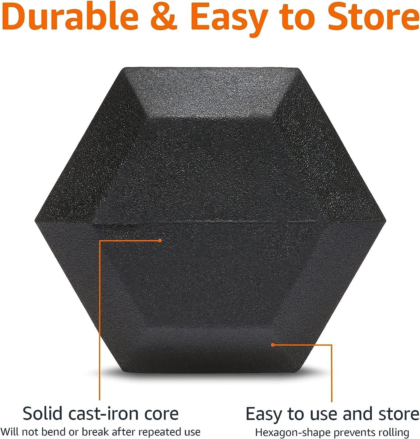 Amazon Basics Rubber Hex Dumbbell — Solid cast iron and rubber encased heads for