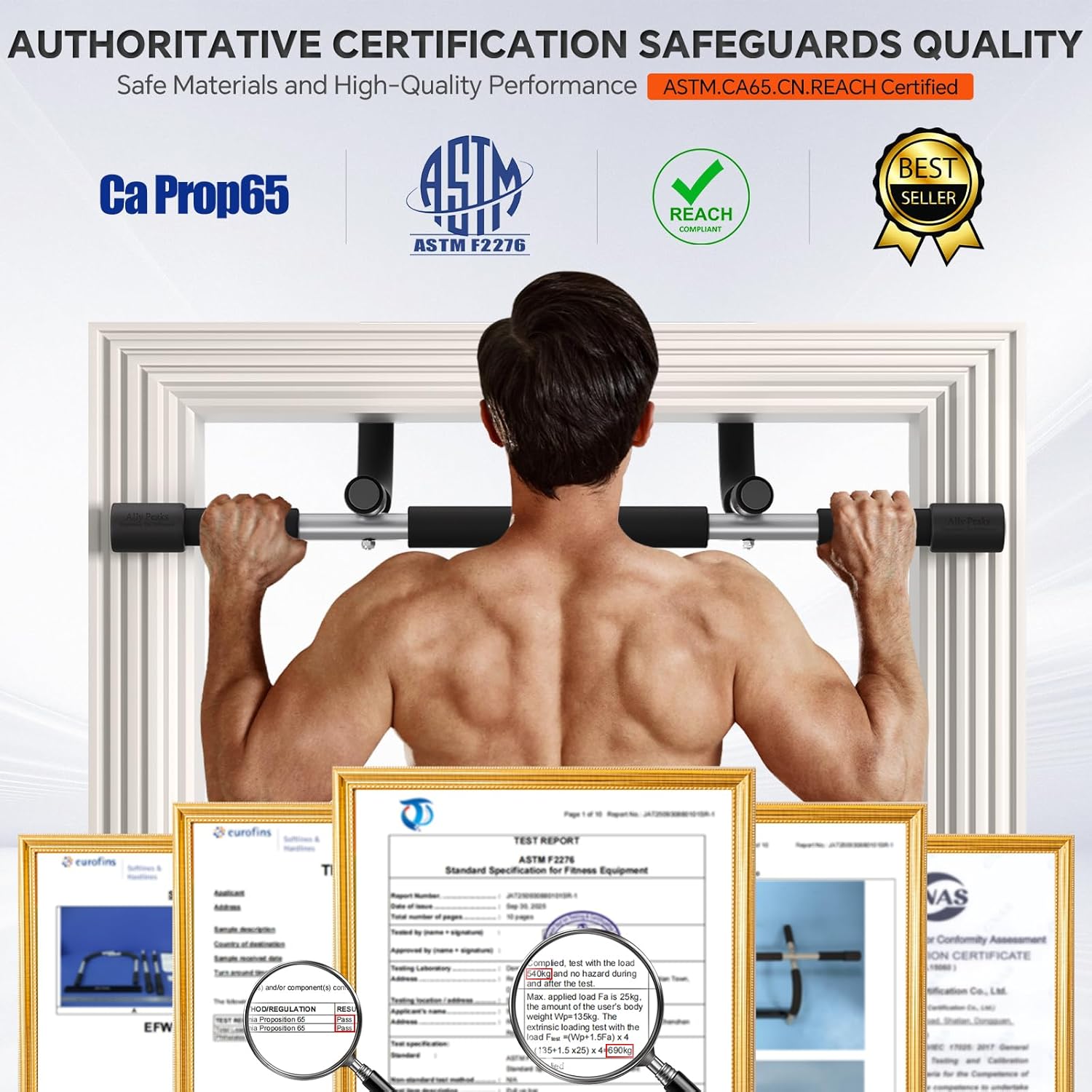 Ally Peaks Pull-Up Bar — Fits doorways 24"-32" wide with 4.7"-8.27" depth, trim