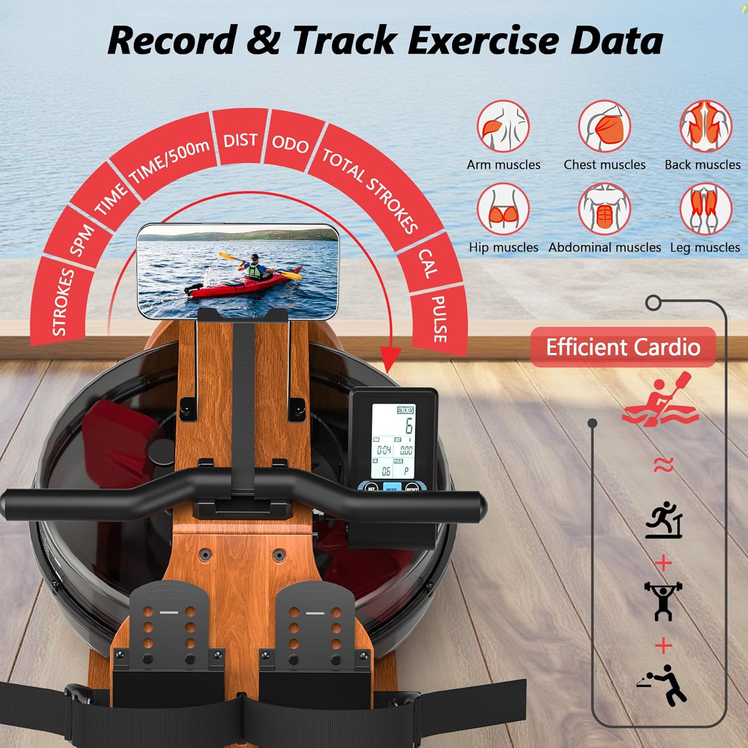 Wenoker Wooden Water Rower — large Water Tank & Stronger Resistance