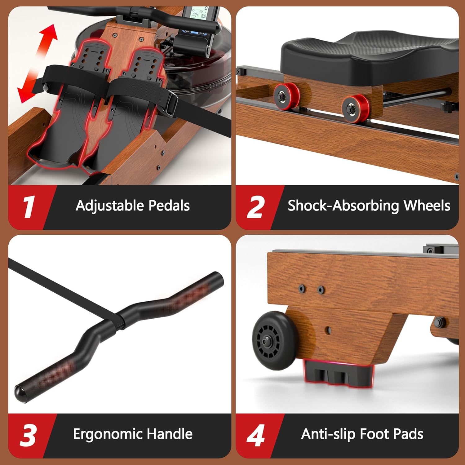 Wenoker Wooden Water Rower — Clear Display & Bluetooth Support